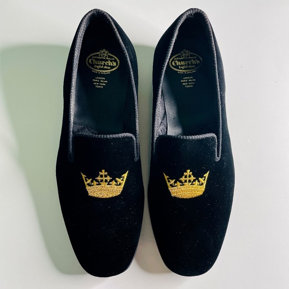 Church's Sovereign Black Velvet Gold Crown Embroidered Men's Evening Loafers 7 F - Picture 14 of 16